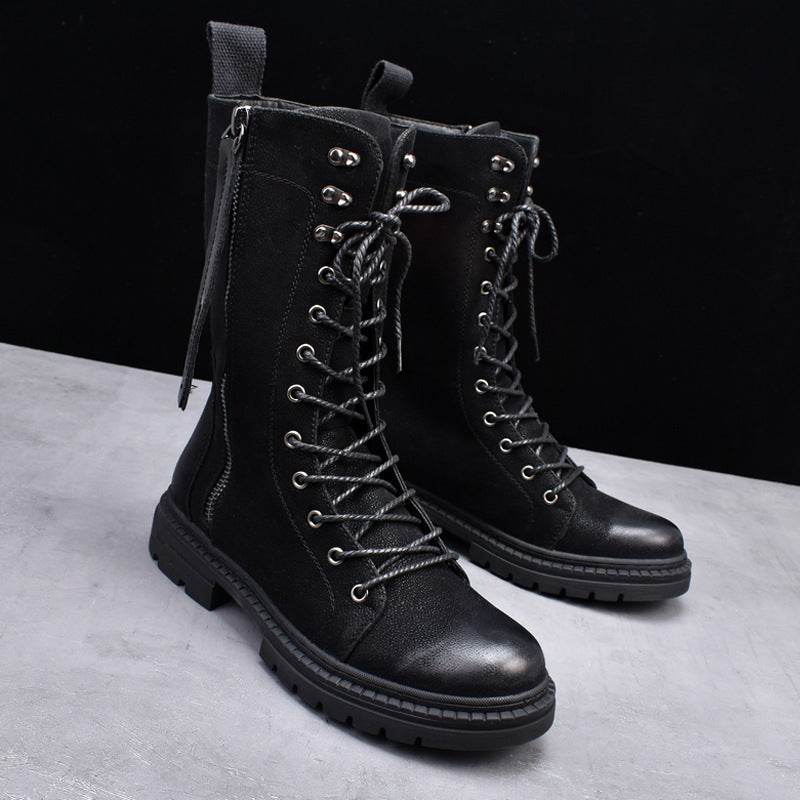 Martin Boots Round Toe Middle Tube Leather Boots Men's Cowboy Boot - Mubimart