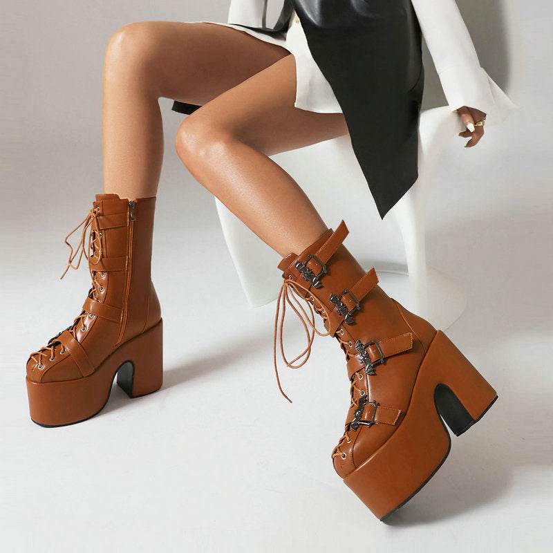 Hot Girl Punk Platform Martin Boots Women's Round Head Gothic Muffin Bottom Tall Knight Boots - Mubimart