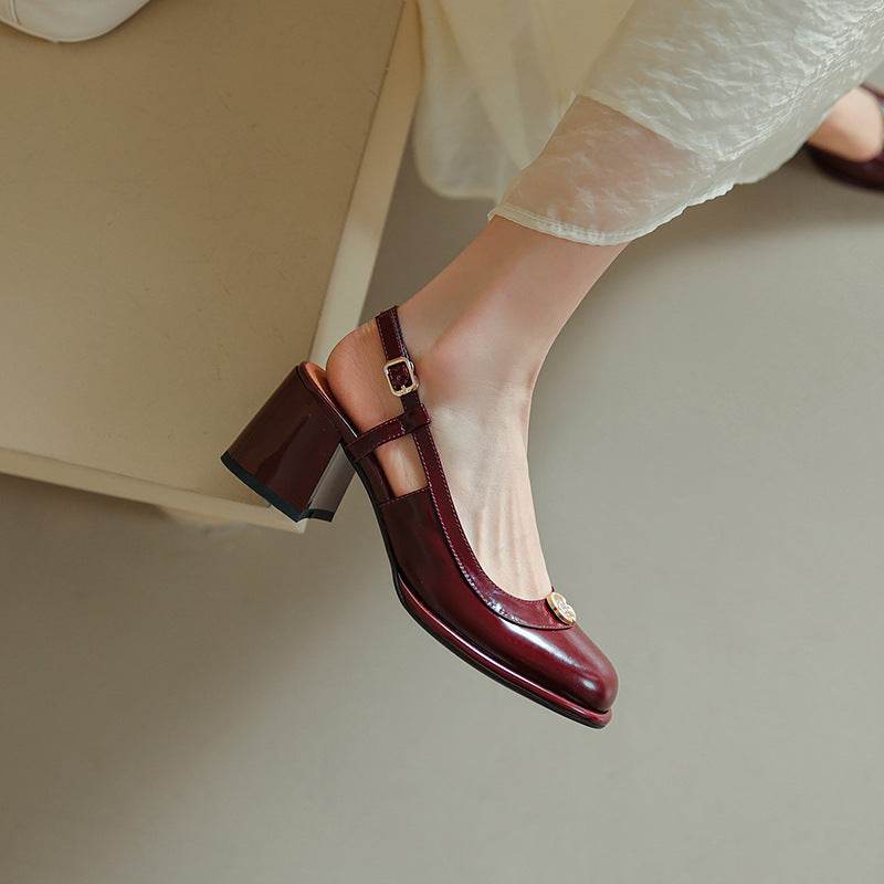 Thick High Heel Cowhide Toe Cap Slingback Sandals Women - Mubimart