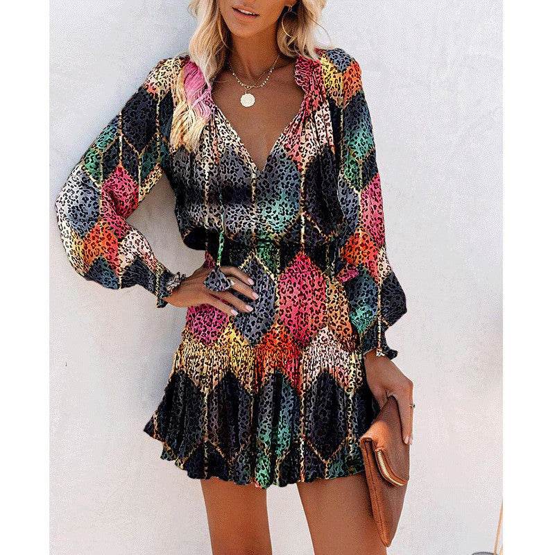 Flowers Print Long Sleeve Dress Fashion Patchwork Puff Sleeve Waist Dresses Womens Clothing - Mubimart