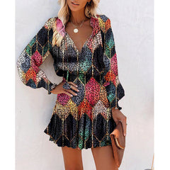 Flowers Print Long Sleeve Dress Fashion Patchwork Puff Sleeve Waist Dresses Womens Clothing - Mubimart -  