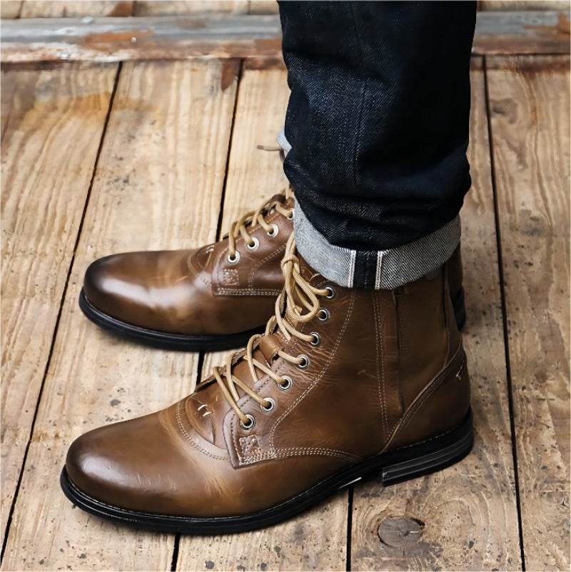 Men Cowboy Boots Retro Lace-up Martin Boot Round Toe Low Heel Shoes - Mubimart