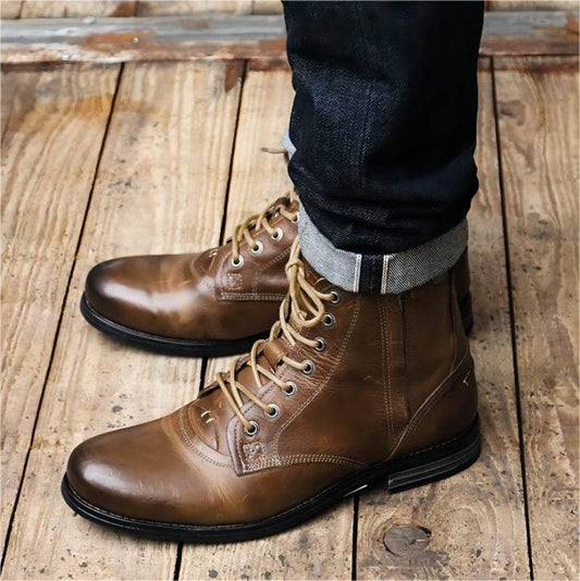 Men Cowboy Boots Retro Lace-up Martin Boot Round Toe Low Heel Shoes - Mubimart