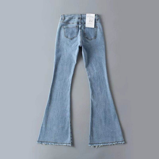 Autumn And Winter Fashion Small High Waist Raw Hem Jeans Retro Distressed Small Man Stretchy Wide-leg Slim Flare Pants - Mubimart