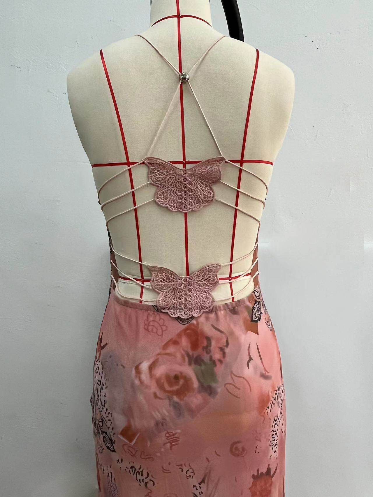 Mesh Printed Hanging Neck Slip Dress - Mubimart
