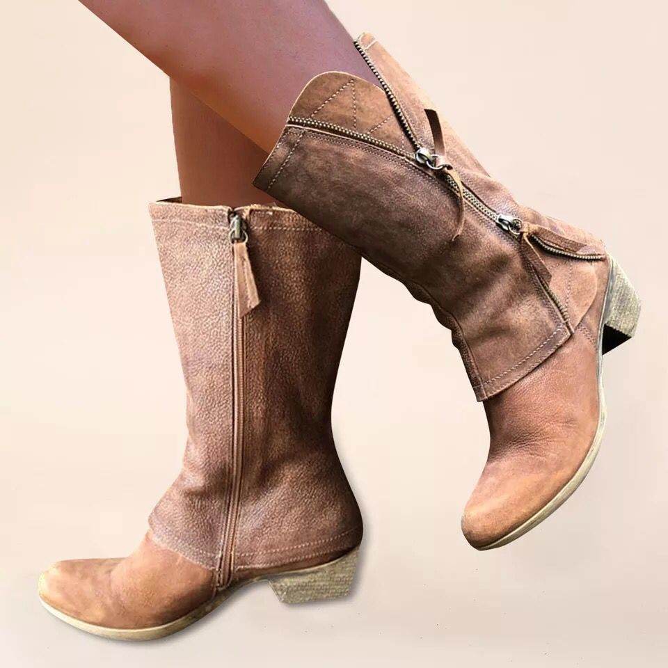 Women's Fashion Casual Side Zipper Mid-calf Leather Boots - Mubimart