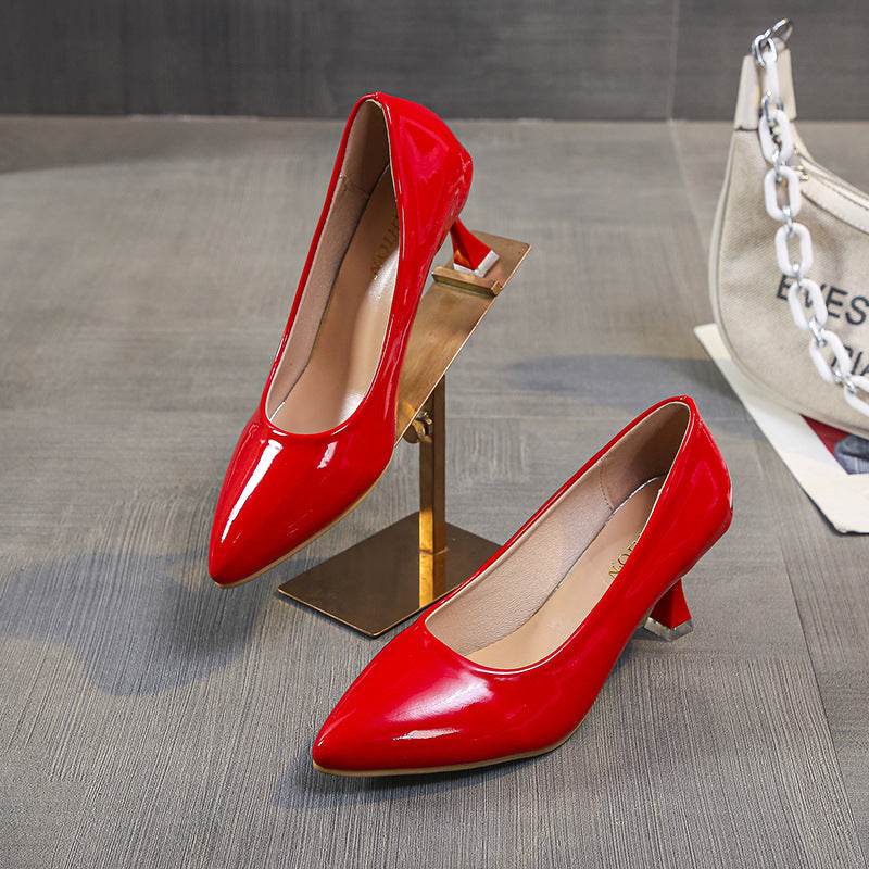 Shallow Mouth Pointed High Heels Sexy Patent Leather Stilettos - Mubimart