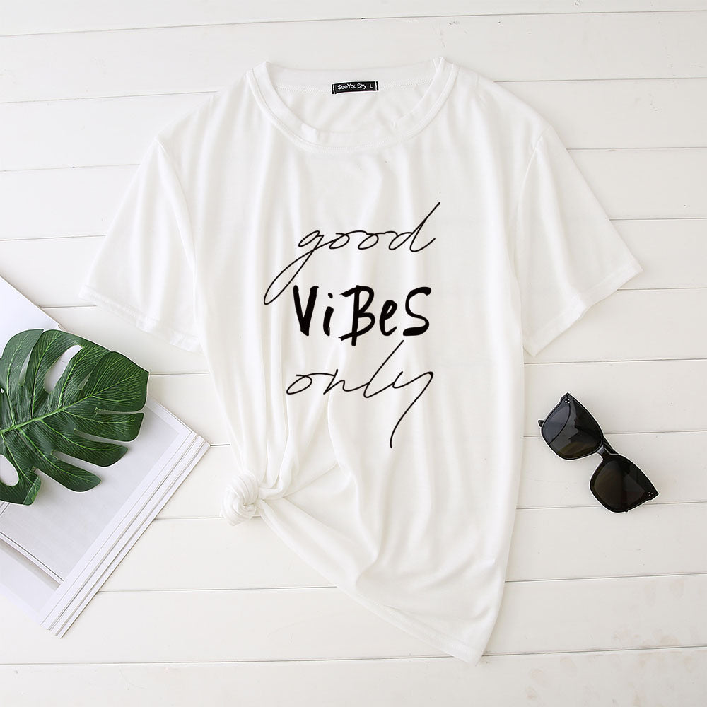 Plus Size Women's Good Vibes Letter Print Funny T-shirt - Mubimart - Plus Size Tshirts 