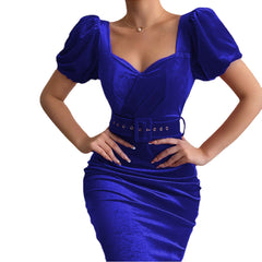 Women's Corset Low Neck Puff Sleeve Velvet Dress - Mubimart -  