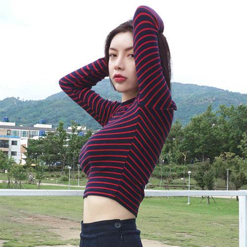 Crop Tops Women Chic All-match Classic Stripe Slim Short Bustier Crop Top Turtleneck Long Sleeved T-shirt Sexy Shirts Tee - Mubimart