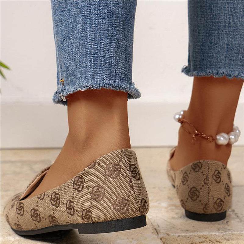 Rose Print Flats Shoes Fashion Casual Pointed Toe Canvas Loafers Lazy Shoes For Women - Mubimart