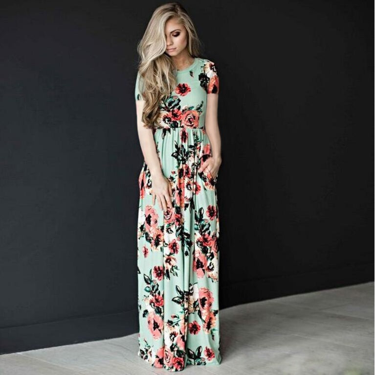 Women's Flower Printing Maxi Dress - Mubimart -  