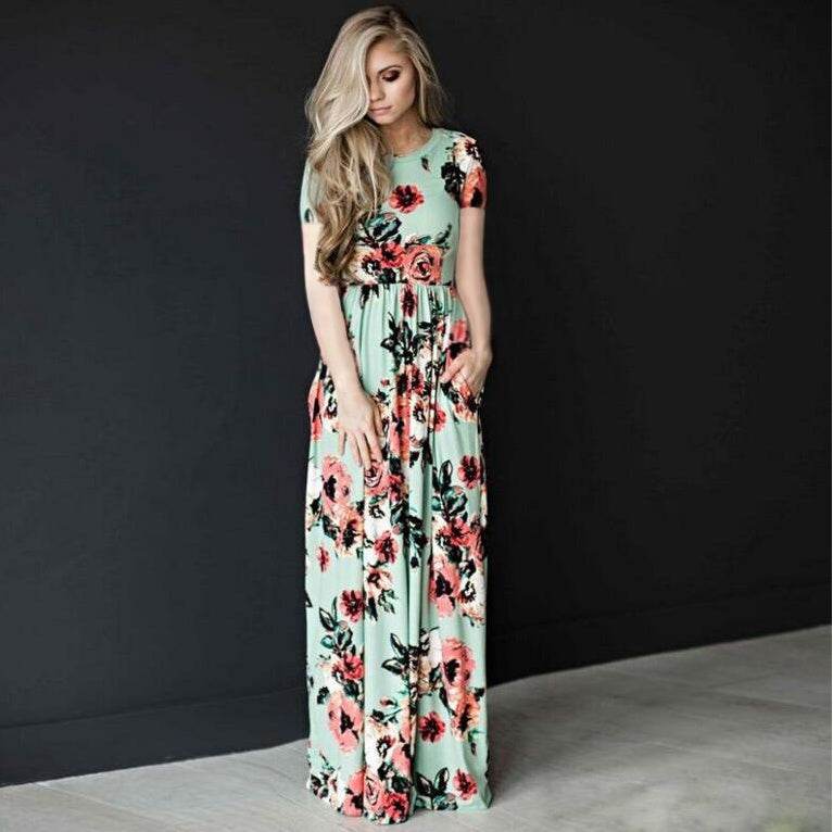 Women's Flower Printing Maxi Dress - Mubimart