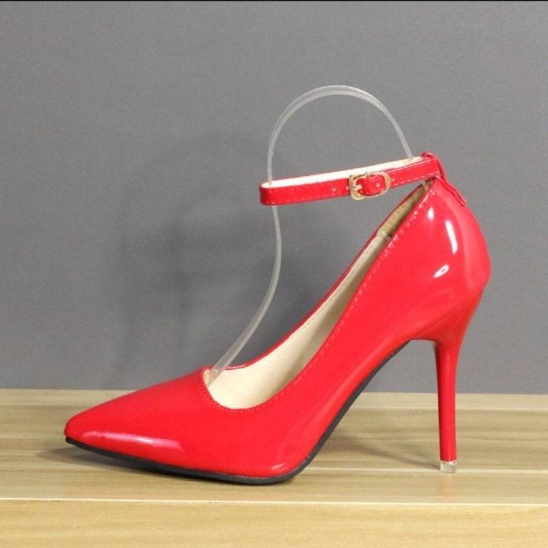 Plus Size One Word Buckle High Heels Female Patent Leather Stilettos - Mubimart