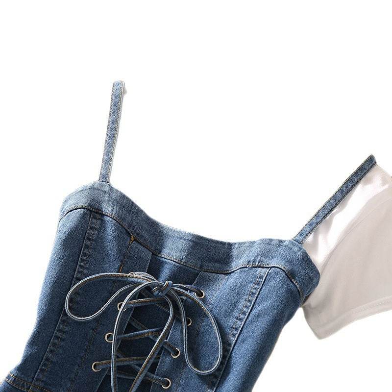 Summer Clothing Denim Braces Skirt Waist Trimming Lace Up Small Size Dress Suit - Mubimart