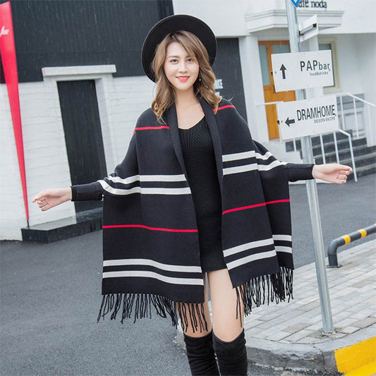 Striped fringe shawl - Mubimart