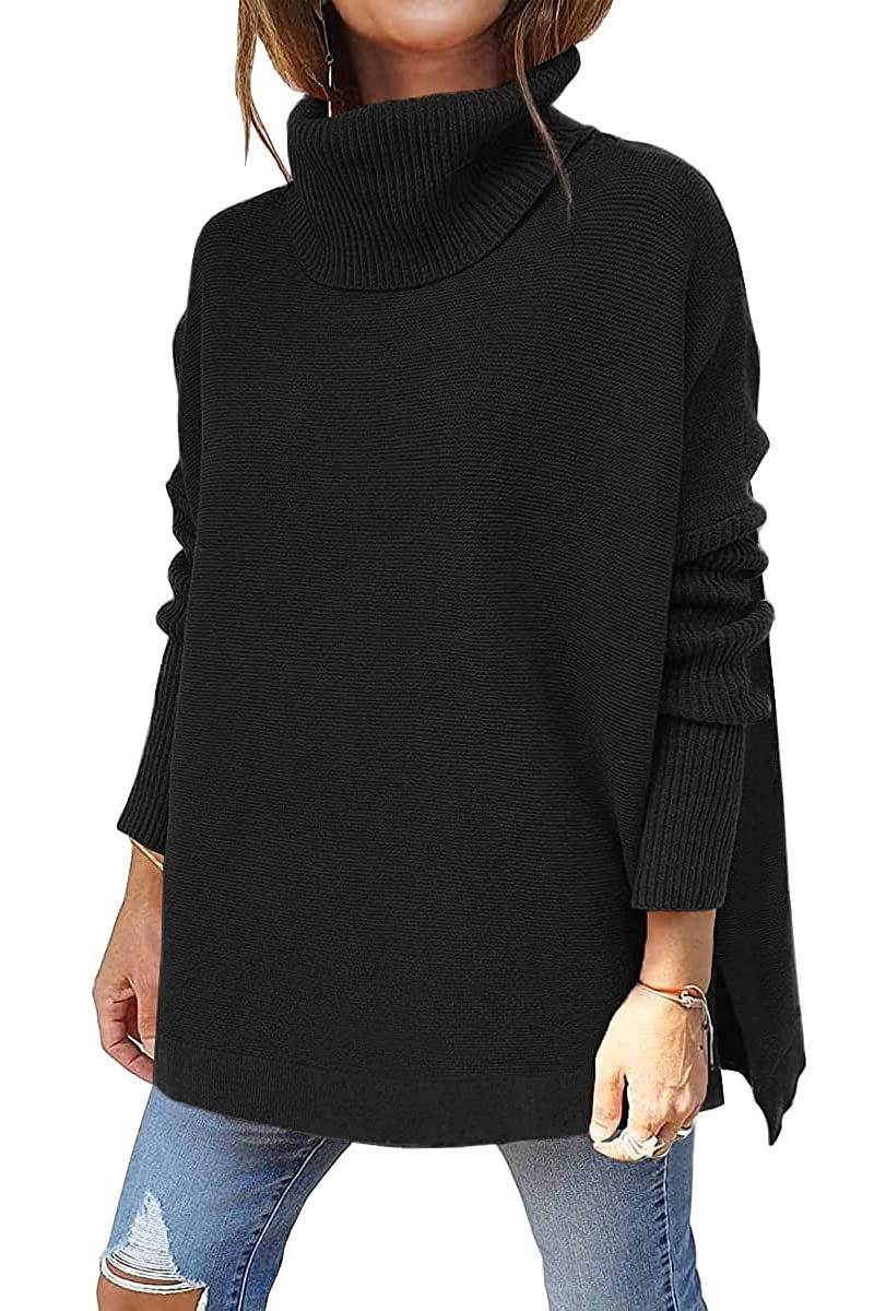 Turtleneck Sweater Mid Length Batwing Sleeve Slit Hem Tunic Pullover Sweaters Winter Tops Women Clothing - Mubimart