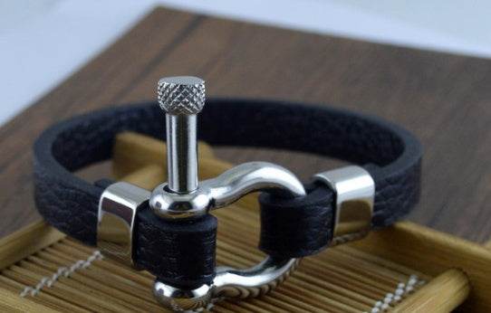 Titanium steel leather bracelet men - Mubimart