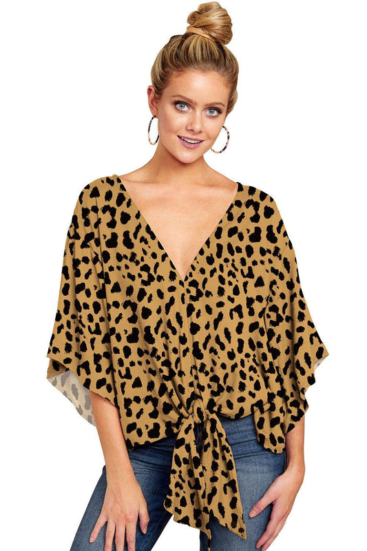 New V Neck Blouse Women Leopard Print Shirts Floral Tie Front Blouses Batwing Summer Oversize Ladies Tops - Mubimart