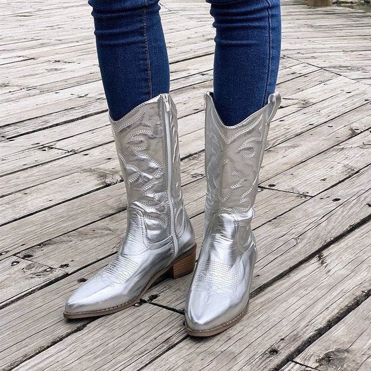 Chunky Heel Pointed Toe Western Boots Fashion Mid-tube Solid Knight Boot Autumn And Winter Shoes For Women - Mubimart