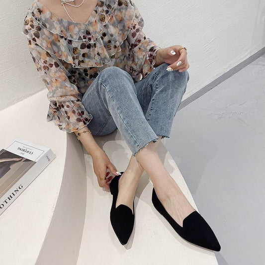 Women's Flying Pointed Toe Flat Knitted Roll Shoes - Mubimart