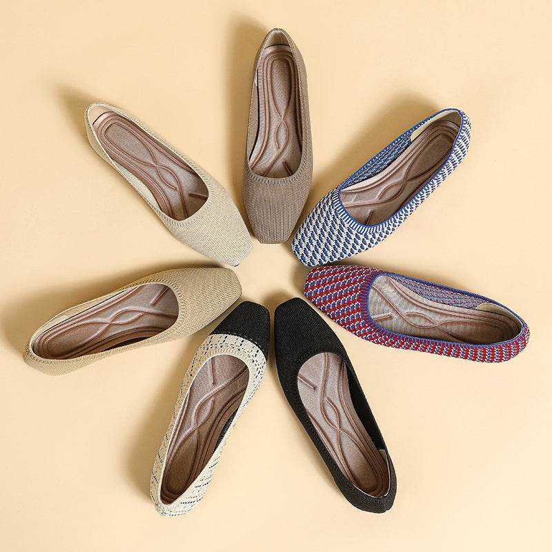 Gold Silk Color Matching Pointed Toe Shallow Mouth Square Toe Flat Shoes - Mubimart