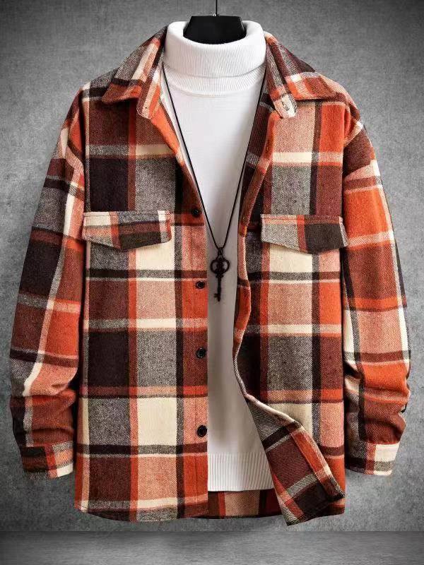 FallWinter Slim Brushed Plaid Long Sleeve Flannel Shirt Men - Mubimart