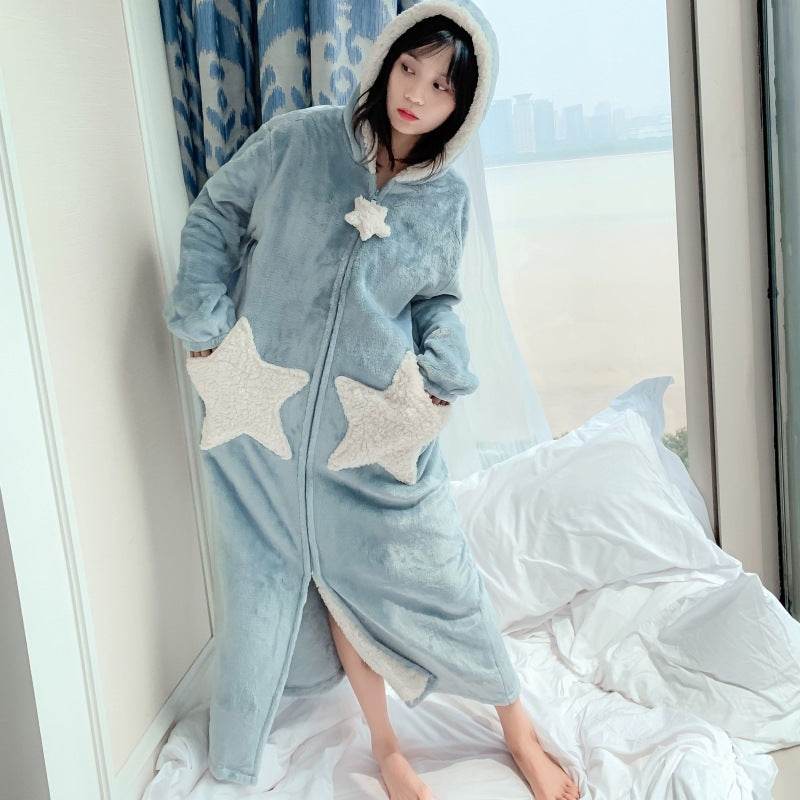 Winter Stars And Moon Flannel Girlfriends Pajamas Female Couple Nightgown Plus Size Lamb Cashmere Home Service - Mubimart