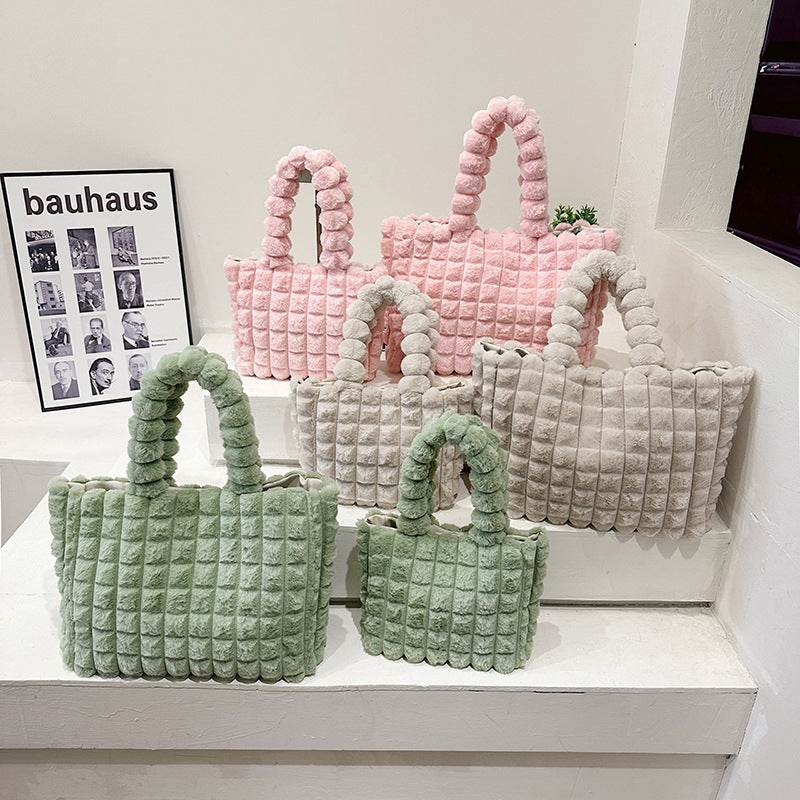 Plaid Handbags Winter Fashion High Capacity Shopping Plush Bag Korean Style Personalized Designer Luxury Tote Bags For Women - Mubimart