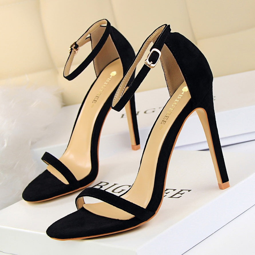 High-heeled suede open-toe pumps