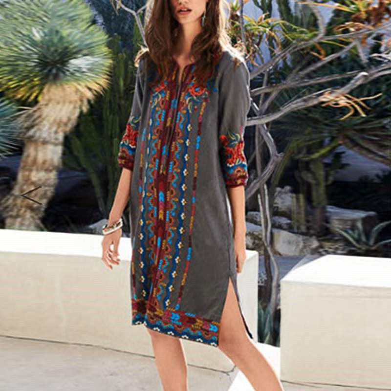 Printed casual tunic dress bohemian - Mubimart -  