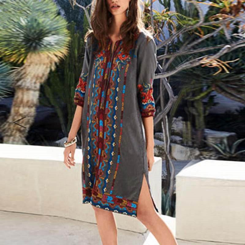 Printed casual tunic dress bohemian - Mubimart