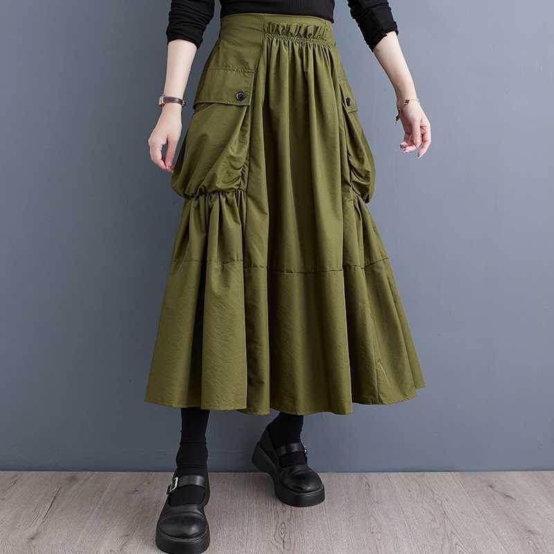 Loose Slimming Workwear Large Pocket Large Hem High Waist Pleated Skirt - Mubimart