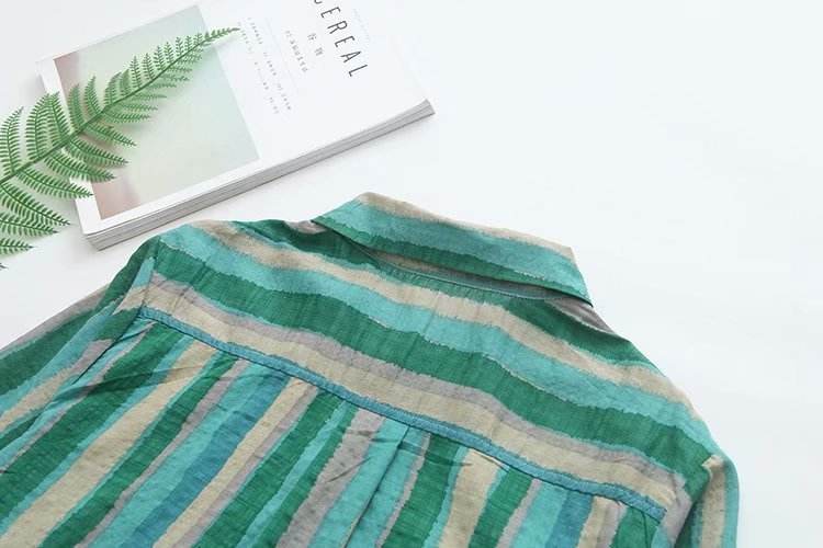 Women Autumn Stripe Lapel Neck Blouses Loose Tops - Mubimart