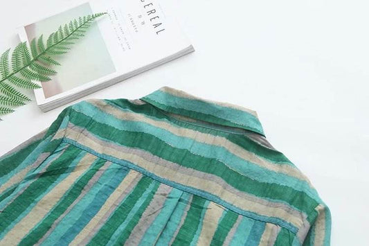 Women Autumn Stripe Lapel Neck Blouses Loose Tops - Mubimart
