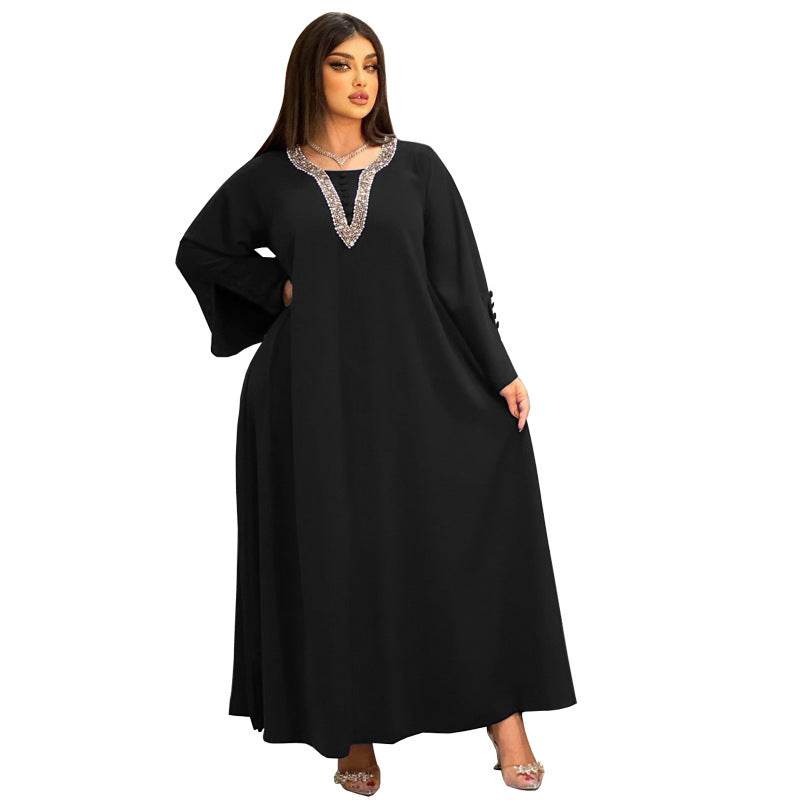 Women's Fashion Plus Size Women Handmade Beaded Rhinestone Dress - Mubimart