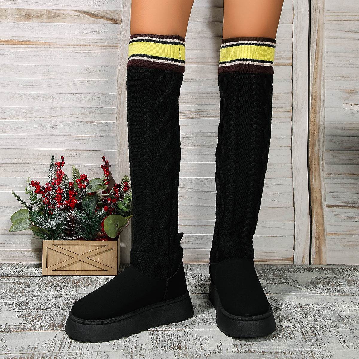 Winter Over-the-knee Boots With Long Knitted Sock Design Fashion Flat Thick-soled Shoes For Women Casual Warm Long Boot - Mubimart