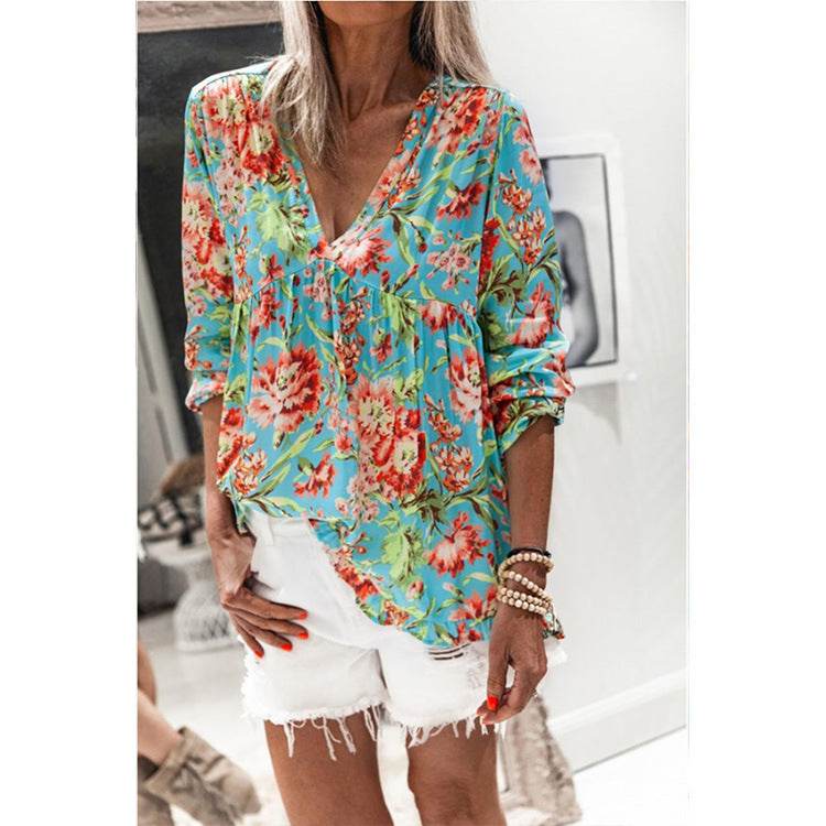 New Style Blouse Women Printing V-Neck Long-Sleeved T-Shirt Women - Mubimart