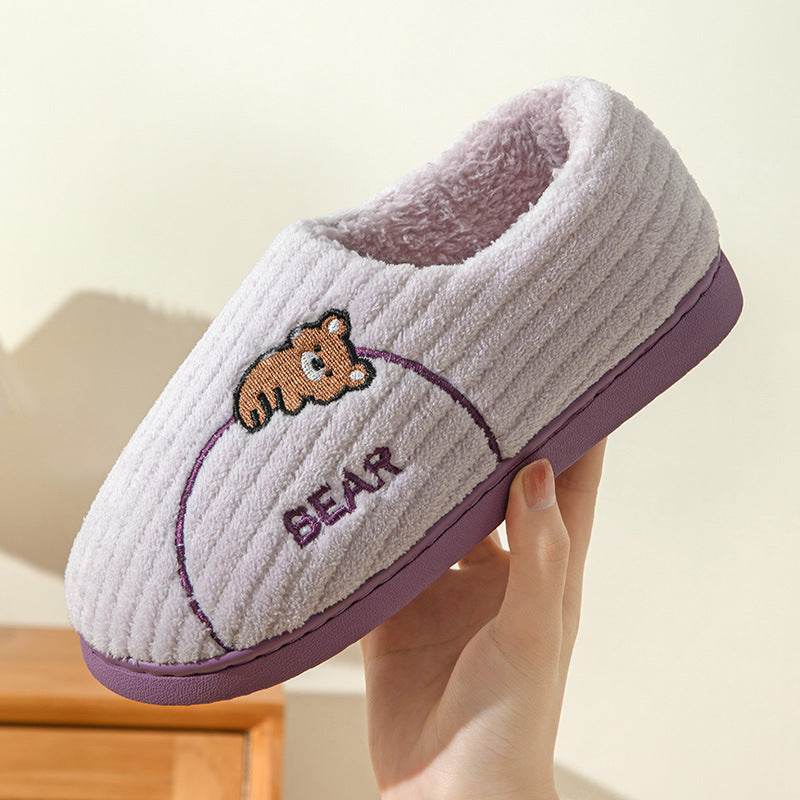 Women's Bear Fuzzy Slippers Casual Non Slip Household Walking Shoes For Home Winter - Mubimart