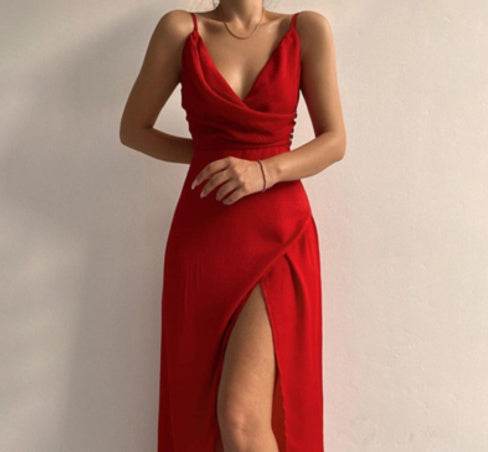 V-neck Slip Dress Low Cut Printed Slit Dress - Mubimart