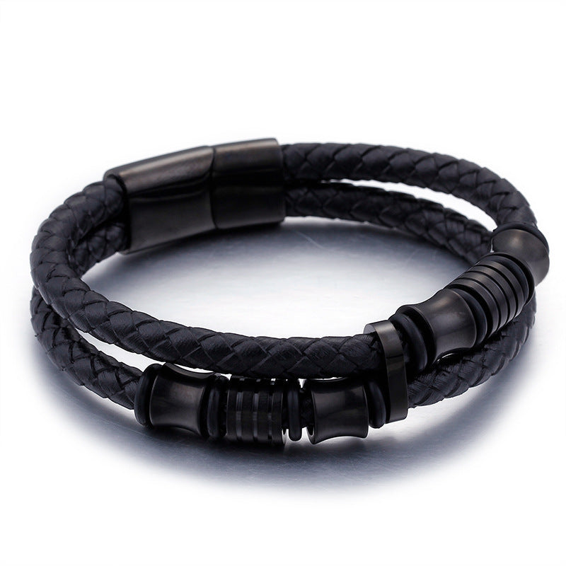 Goudkleurige roestvrijstalen leren armband voor heren Zwarte leren wikkelarmbanden voor heren Sieradenarmband met magneetsluiting