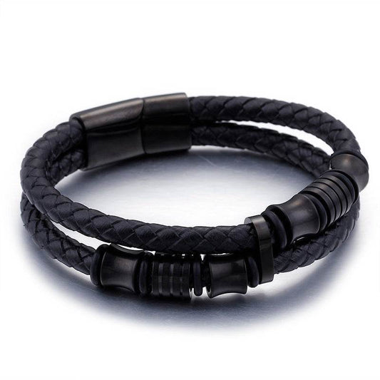 Gold Color Stainless Steel Leather Bracelet Men Black Mens Leather Wrap Bracelets Jewelry Wristband With Magnet Clasp - Mubimart