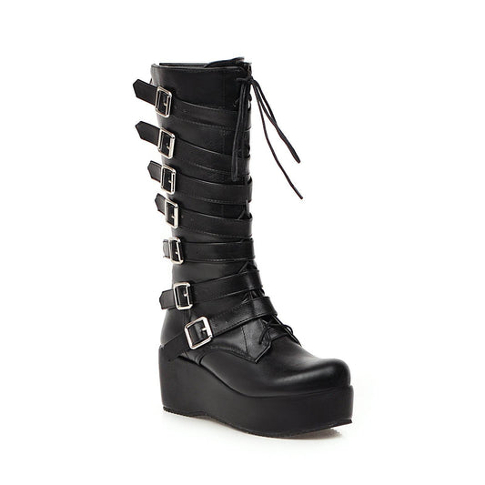 New wedged belt buckle middle boot for women - Mubimart