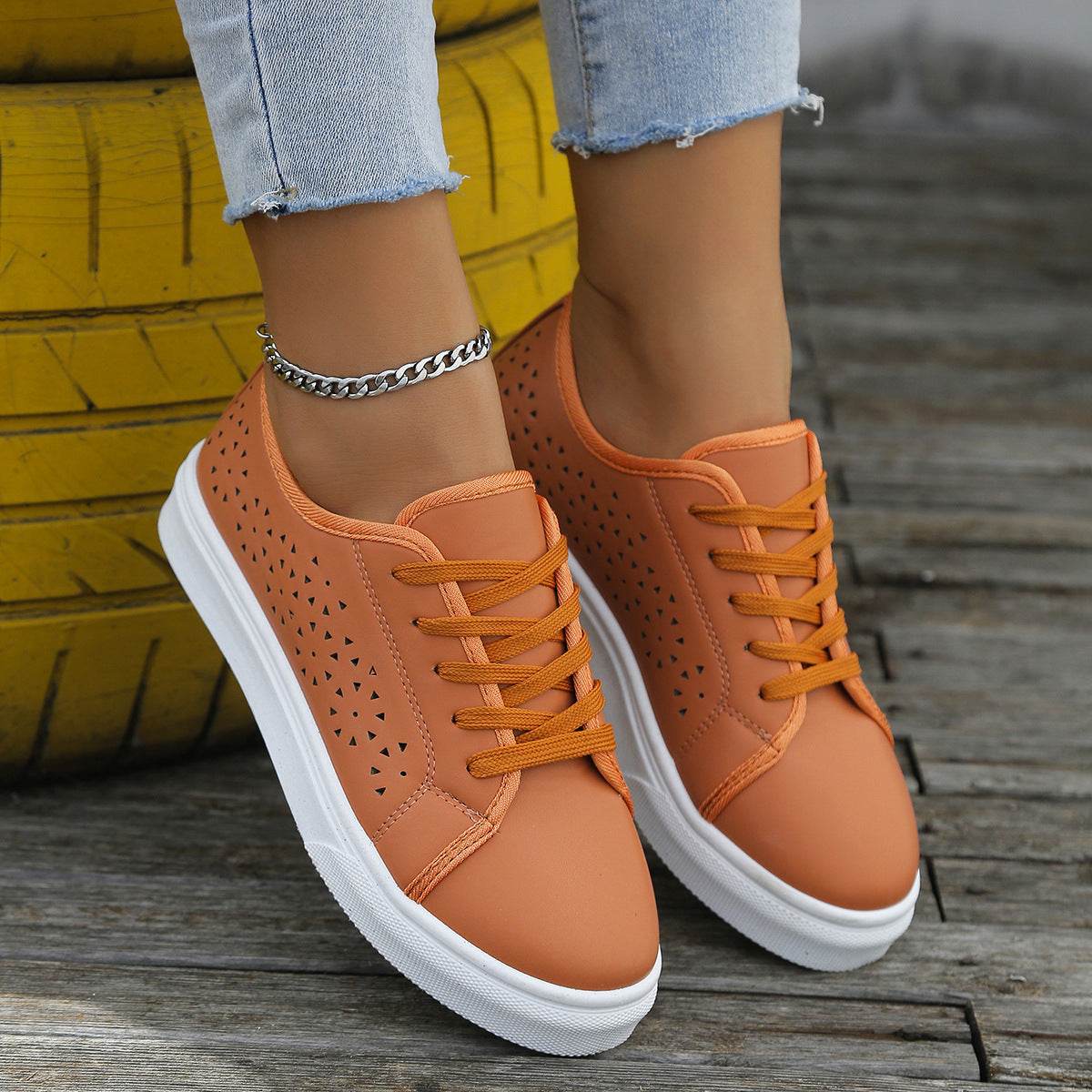 Cutout Flat Shoes Lace-up Hollow Out Walking Shoes For Women Loafers - Mubimart
