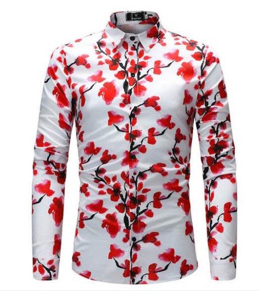 Plum Blossom Shirt Unique Print Hawaiian Men Flowers Shirt Fashion Slim Casual Soft Comfort Long Sleeve Dress Shirt - Mubimart