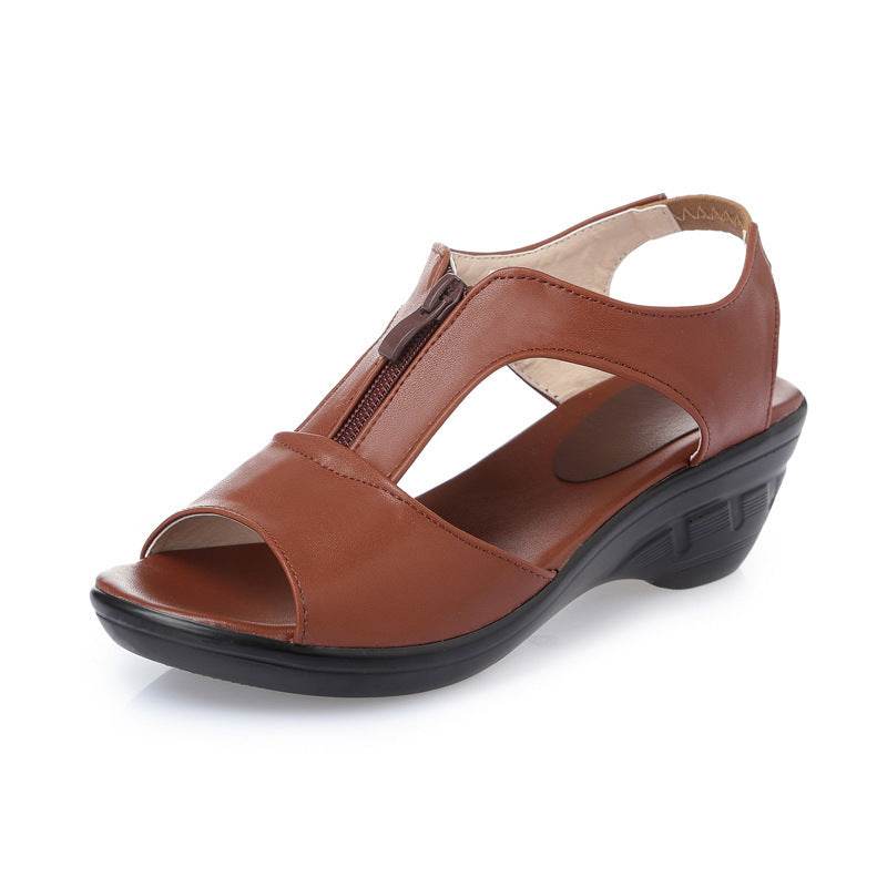 Wedge heel hollow female sandals mid-heel mother sandals - Mubimart