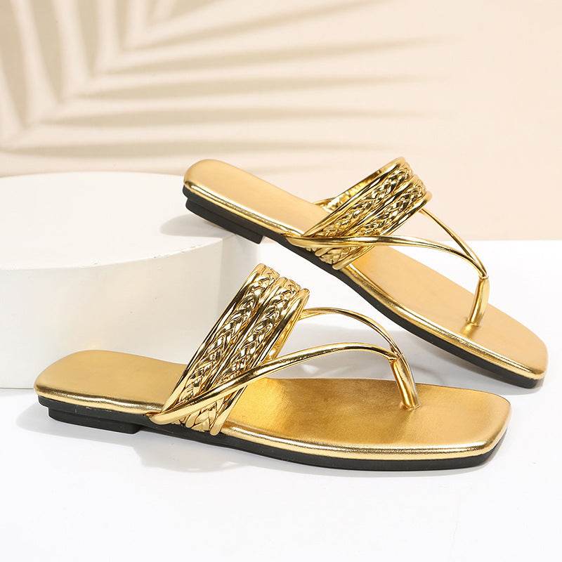 Gold Flat Sandals Summer Flip Flops Beach Shoes Non-slip Slides - Mubimart