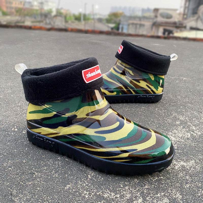 Four Seasons Rain Boots Women Short Tube Plus Velvet Rain Boots Fashion Waterproof Shoes - Mubimart