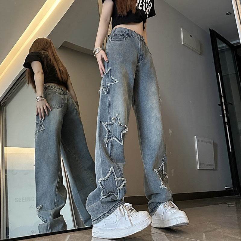 Blue XINGX Embroidered Jeans Women Loose Straight-leg Wide-leg Pants - Mubimart