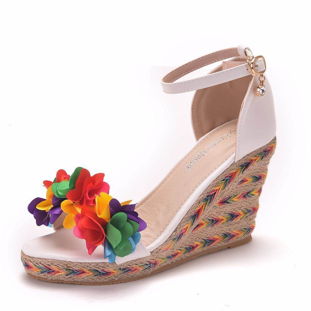 Colorful Flower Fish Mouth Wedge Sandals White Wedge Sandals - Mubimart